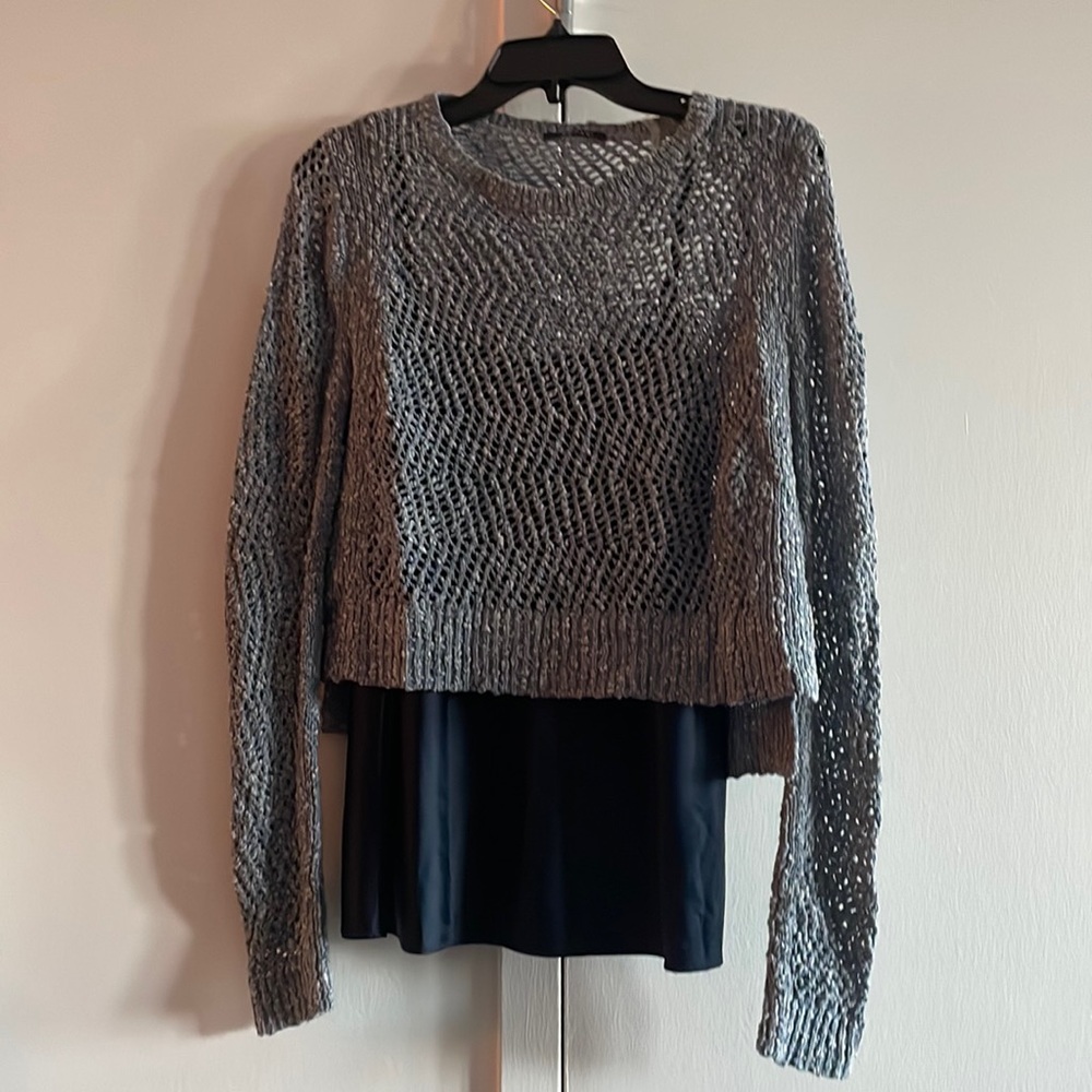 Tahari blue sweater over navy camisole